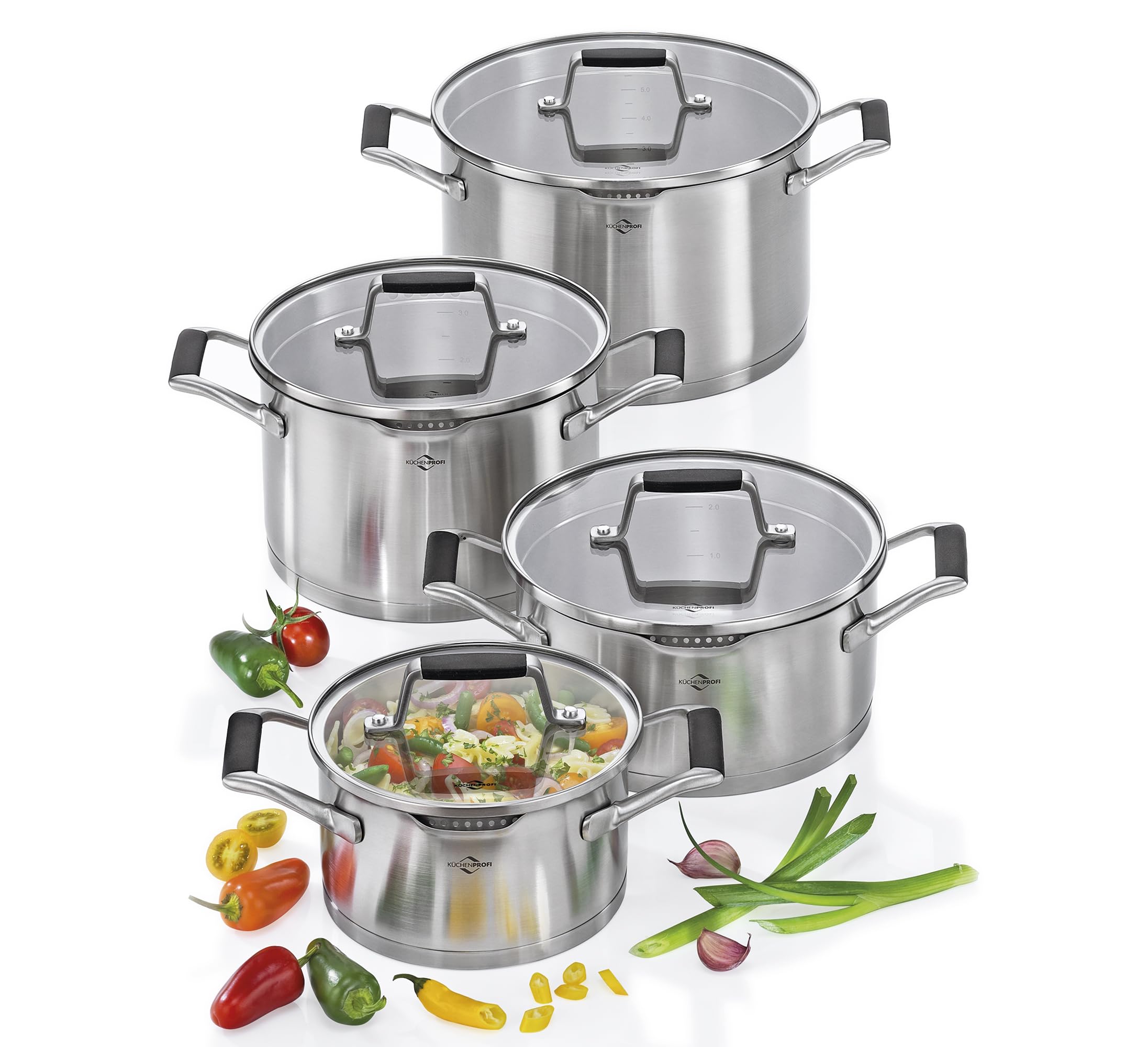 Küchenprofi COOK Topfset BOLOGNA 4-tlg., Edelstahl, Glasdeckel, Induktion, Ausgießer, Siebdeckel, Ø 16/20/24 cm + Bratentopf 20 cm.