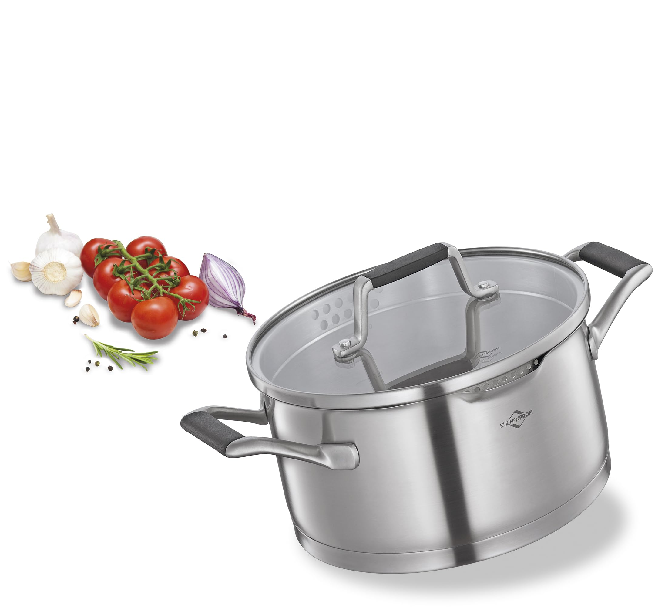 Küchenprofi COOK Topfset BOLOGNA 4-tlg., Edelstahl, Glasdeckel, Induktion, Ausgießer, Siebdeckel, Ø 16/20/24 cm + Bratentopf 20 cm.