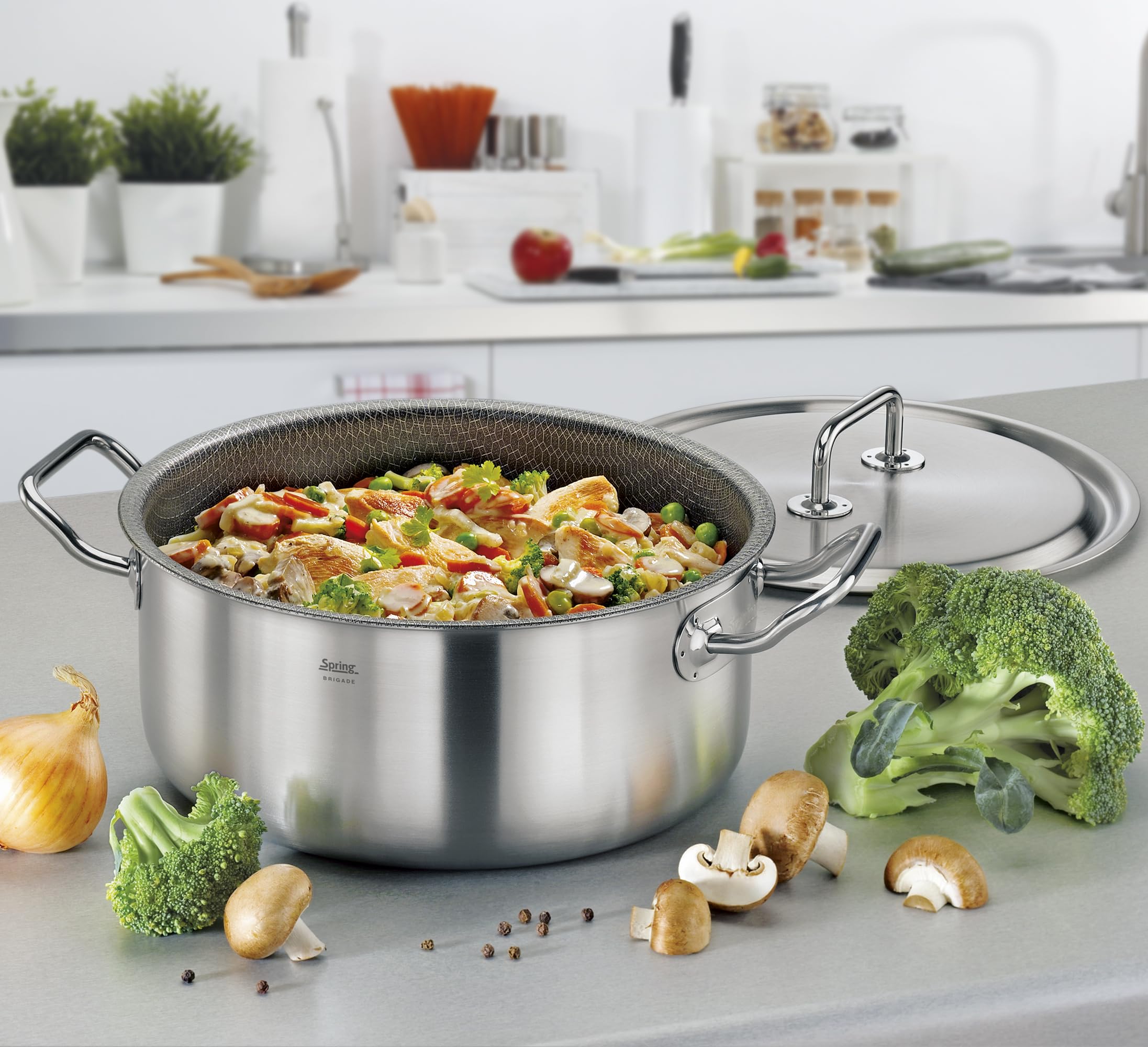 Spring BRIGADE PREMIUM Bratentopf 24 cm, 4,7 L, Edelstahl mit Aluminiumkern, robust, pflegeleicht, 5-Lagen-Material.