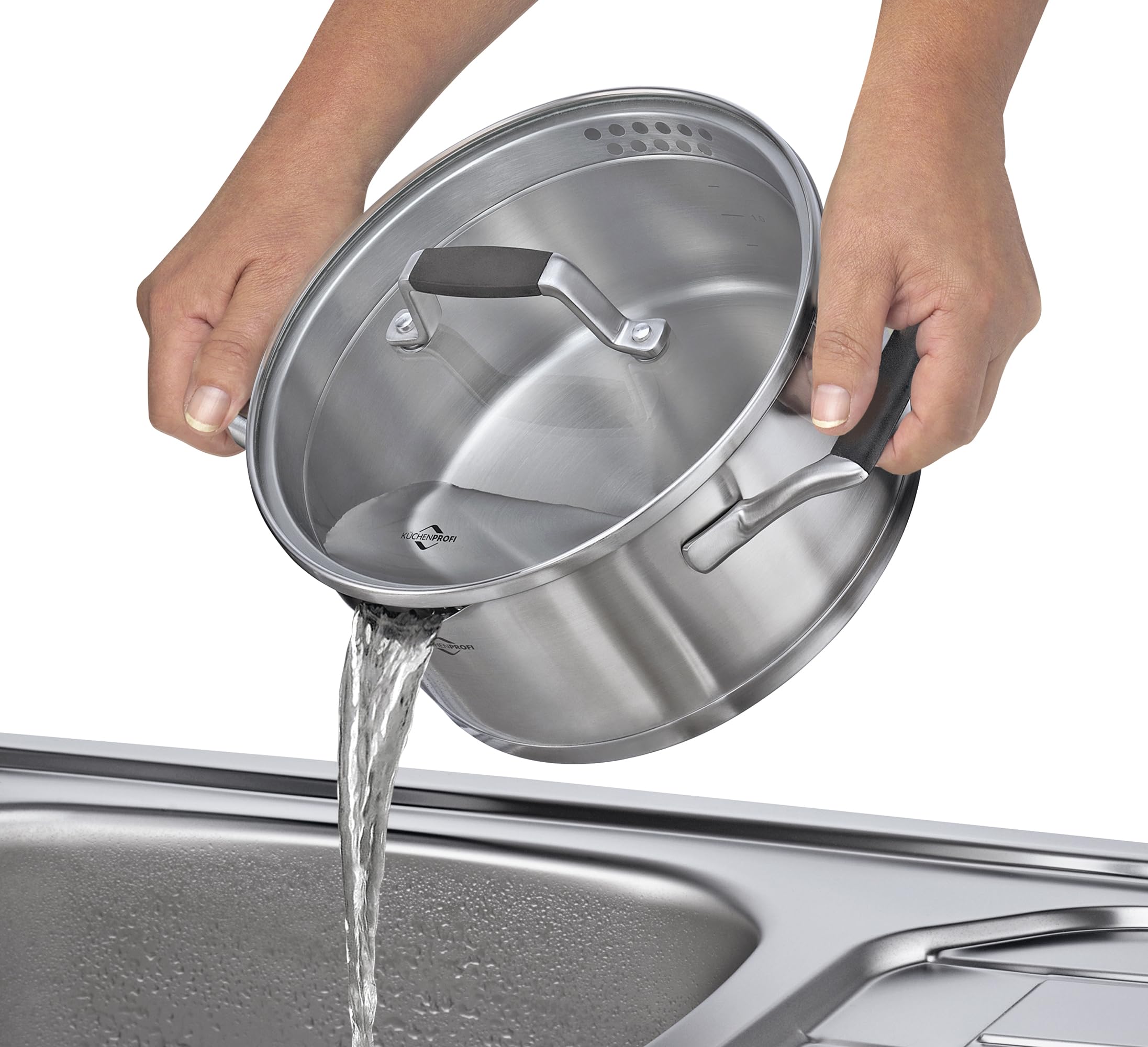 Küchenprofi COOK Topfset BOLOGNA 4-tlg., Edelstahl, Glasdeckel, Induktion, Ausgießer, Siebdeckel, Ø 16/20/24 cm + Bratentopf 20 cm.